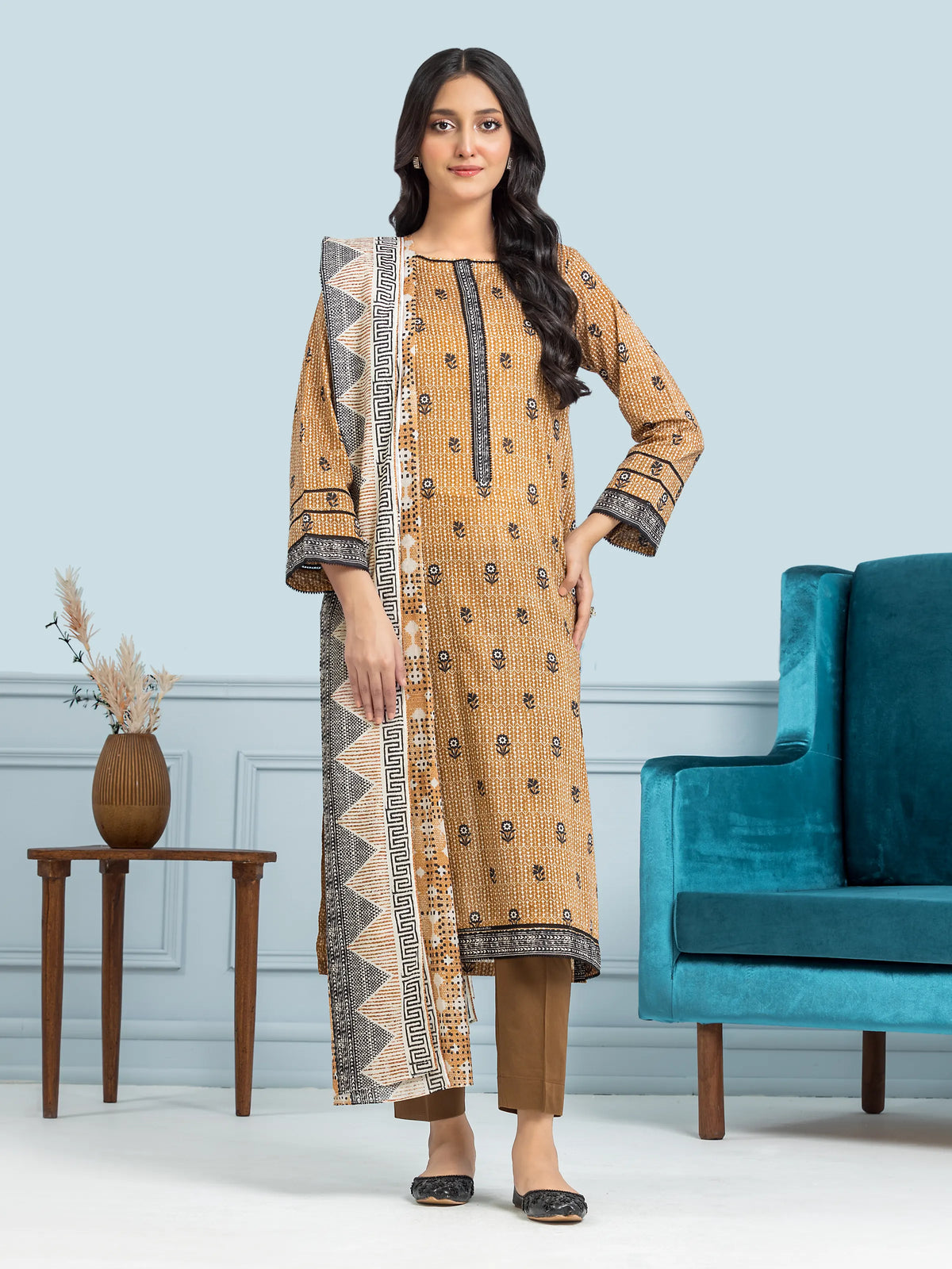 EDENROBE-28151-Unstitched Light Brown Printed Khaddar 3 Piece