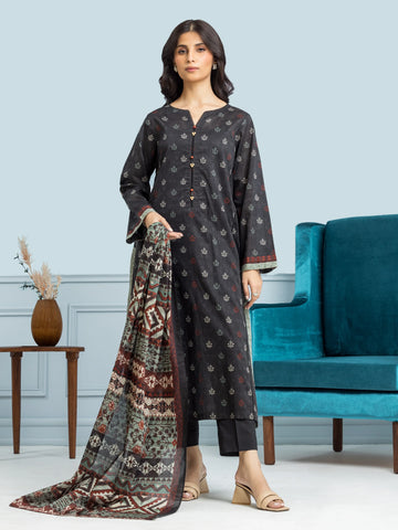 EDENROBE-28444-Unstitched Black Printed Khaddar 3 Piece
