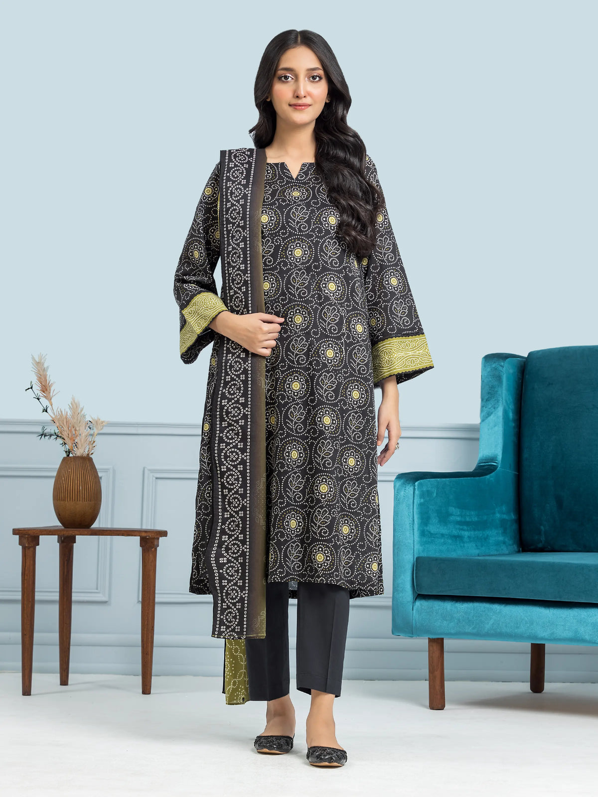 EDENROBE-28457-Unstitched Black Printed Khaddar 3 Piece
