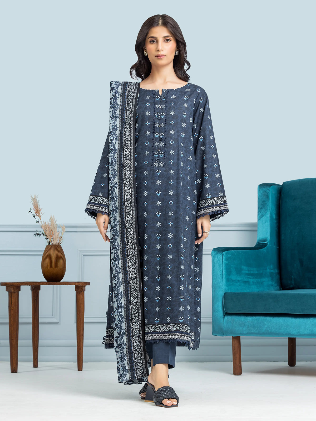 EDENROBE-29302-Unstitched Navy Blue Printed Khaddar 3 Piece