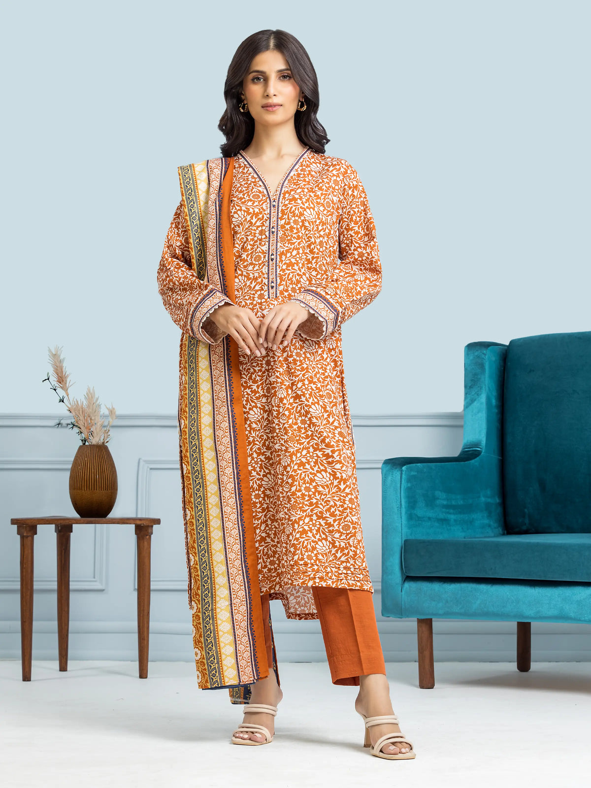 EDENROBE-29305-Unstitched Cream & Rust Printed Khaddar 3 Piece