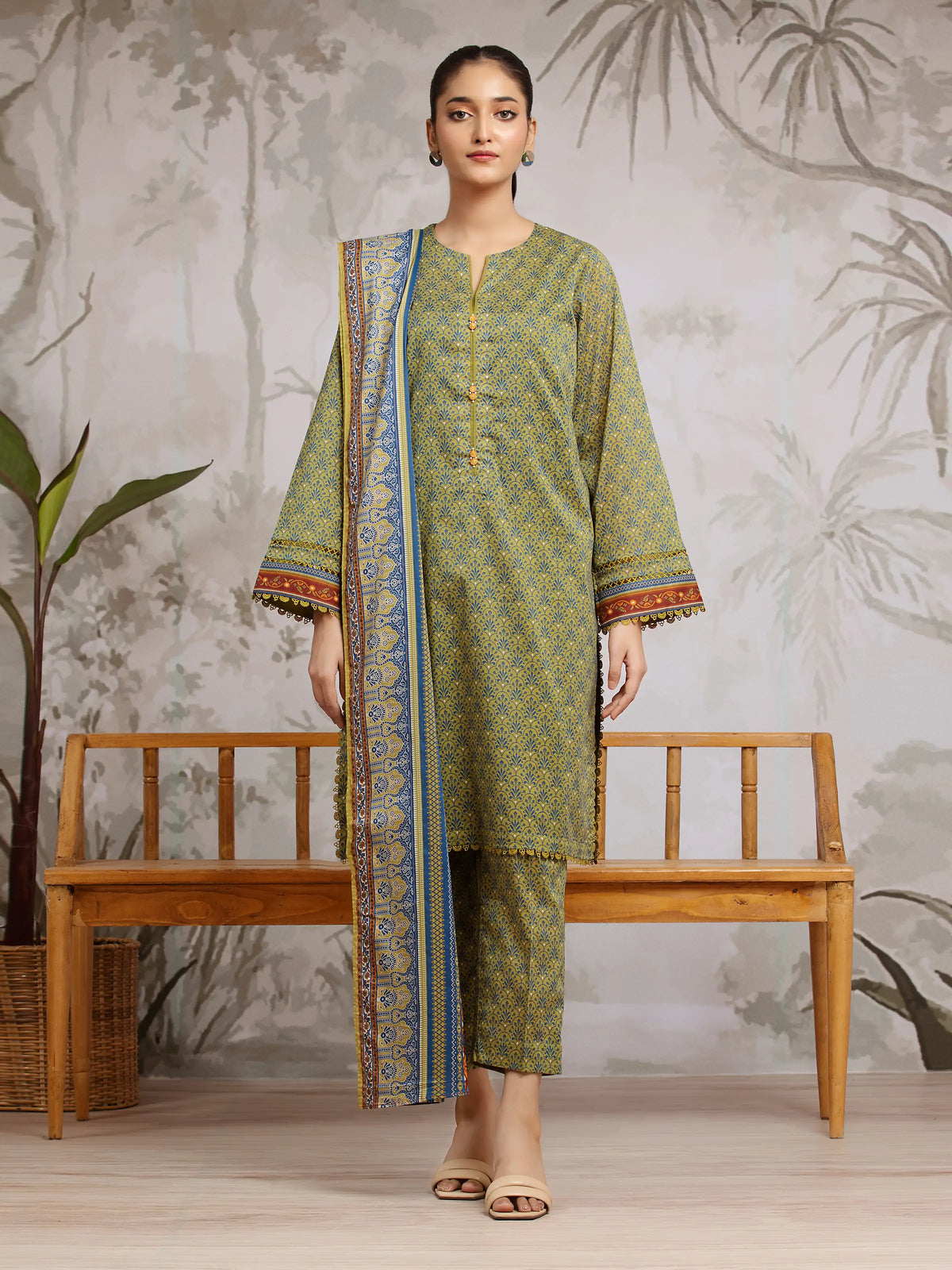 EDENROBE-29307-Unstitched Olive Green Printed Khaddar 3 Piece