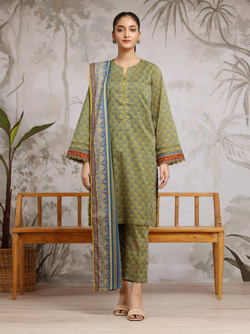 EDENROBE-29307-Unstitched Olive Green Printed Khaddar 3 Piece