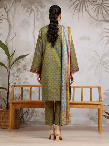 EDENROBE-29307-Unstitched Olive Green Printed Khaddar 3 Piece