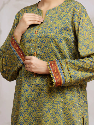 EDENROBE-29307-Unstitched Olive Green Printed Khaddar 3 Piece