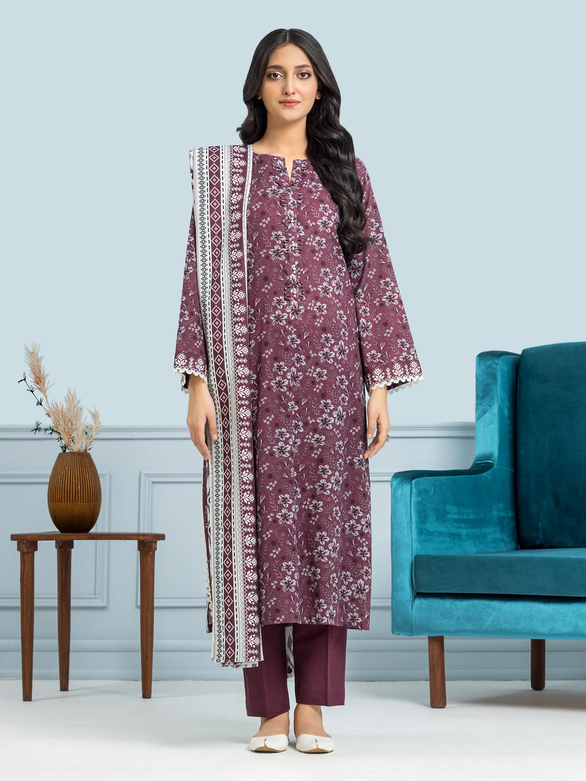 EDENROBE-29317-Unstitched Plum Printed Khaddar 3 Piece