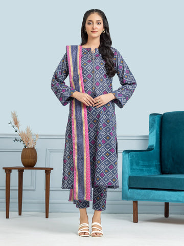 EDENROBE-29321-Unstitched Blue Printed Khaddar 3 Piece