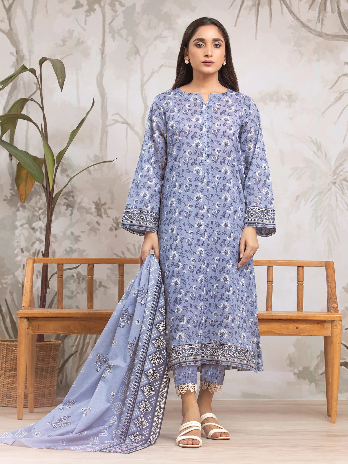 EDENROBE-29326-Unstitched Mid Blue Printed Khaddar 3 Piece