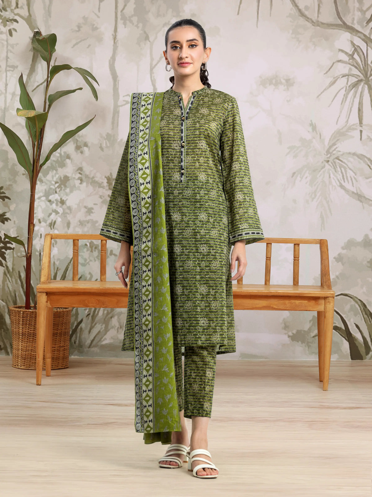 EDENROBE-29510-Unstitched Olive Printed Khaddar 3 Piece