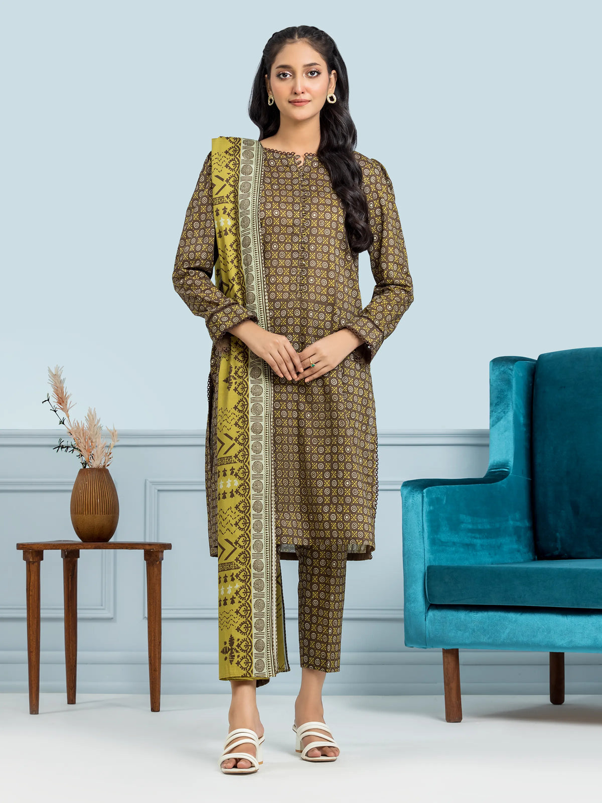 EDENROBE-29566-Unstitched Dark Olive Printed Khaddar 3 Piece