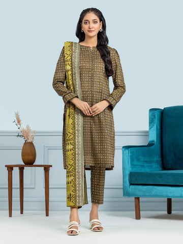 EDENROBE-29566-Unstitched Dark Olive Printed Khaddar 3 Piece