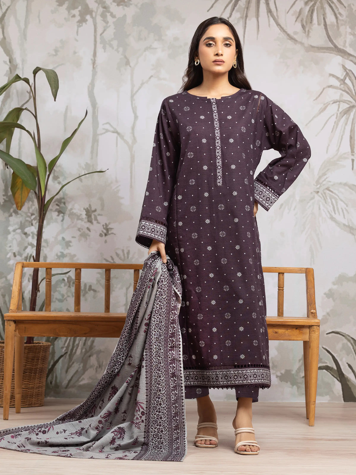 EDENROBE-29585-Unstitched Dark Purple Printed Khaddar 3 Piece