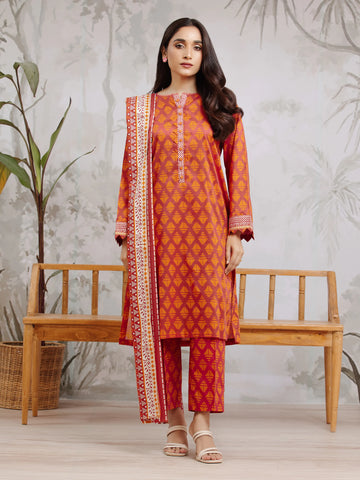 EDENROBE-29587-Unstitched Maroon & Orange Printed Khaddar 3 Piece