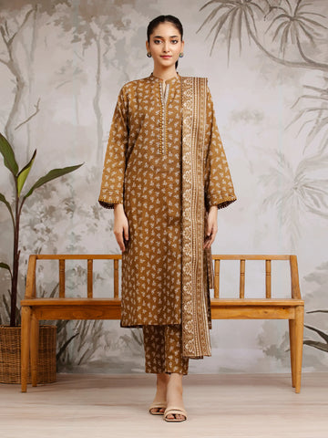 EDENROBE-29589-Unstitched Brown Printed Khaddar 3 Piece
