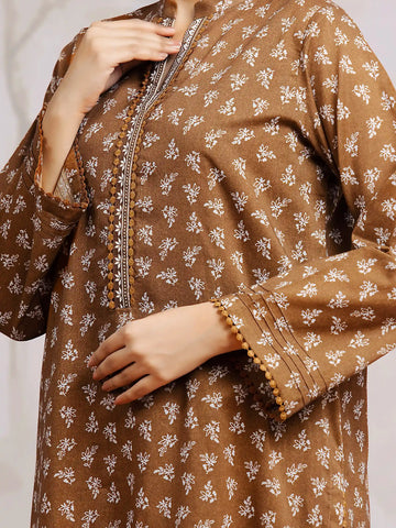 EDENROBE-29589-Unstitched Brown Printed Khaddar 3 Piece