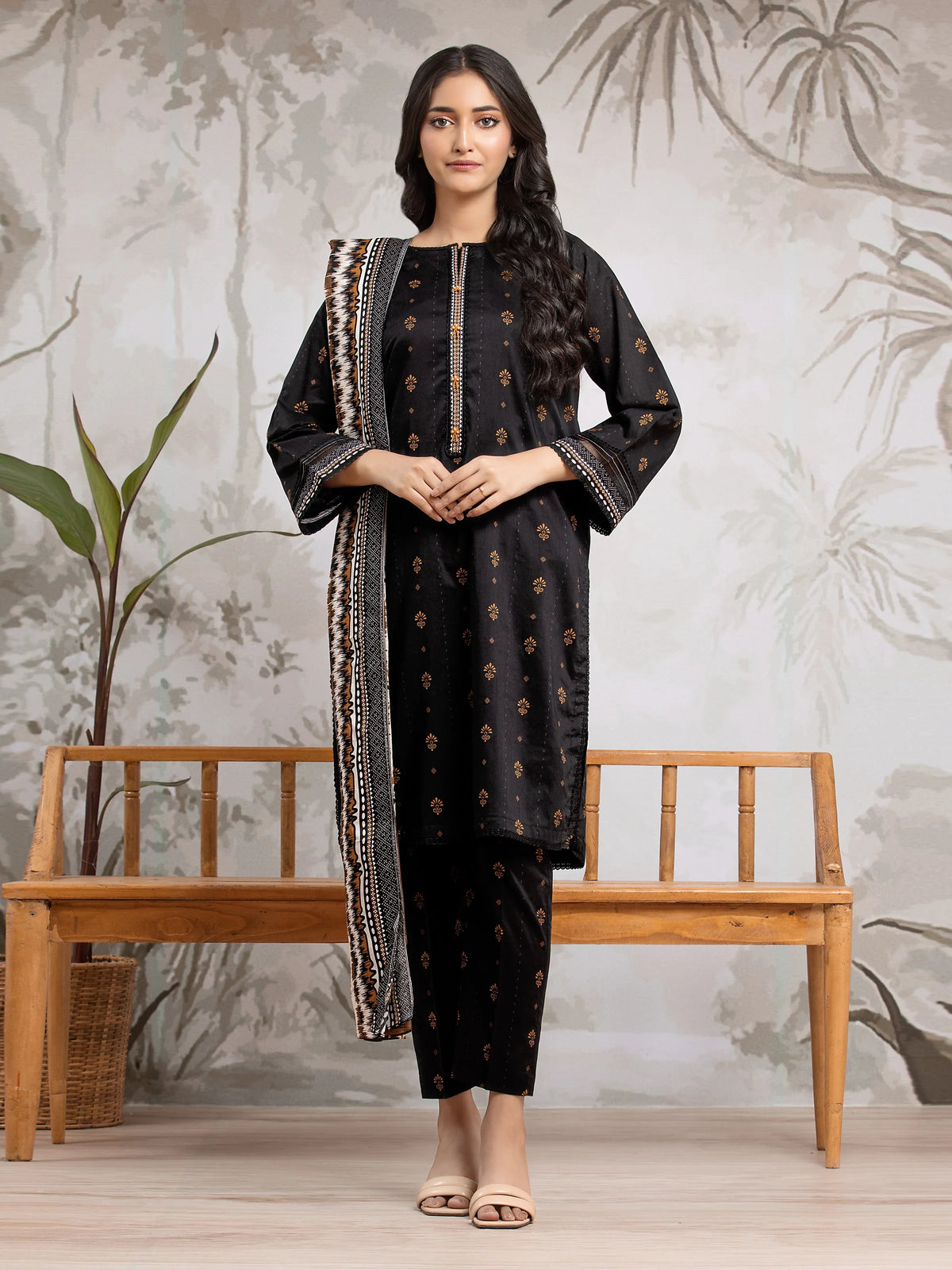 EDENROBE-29591-Unstitched Black Printed Khaddar 3 Piece