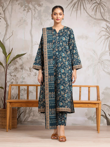 EDENROBE-29594-Unstitched Dark Teal Printed Khaddar 3 Piece
