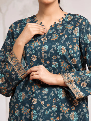 EDENROBE-29594-Unstitched Dark Teal Printed Khaddar 3 Piece