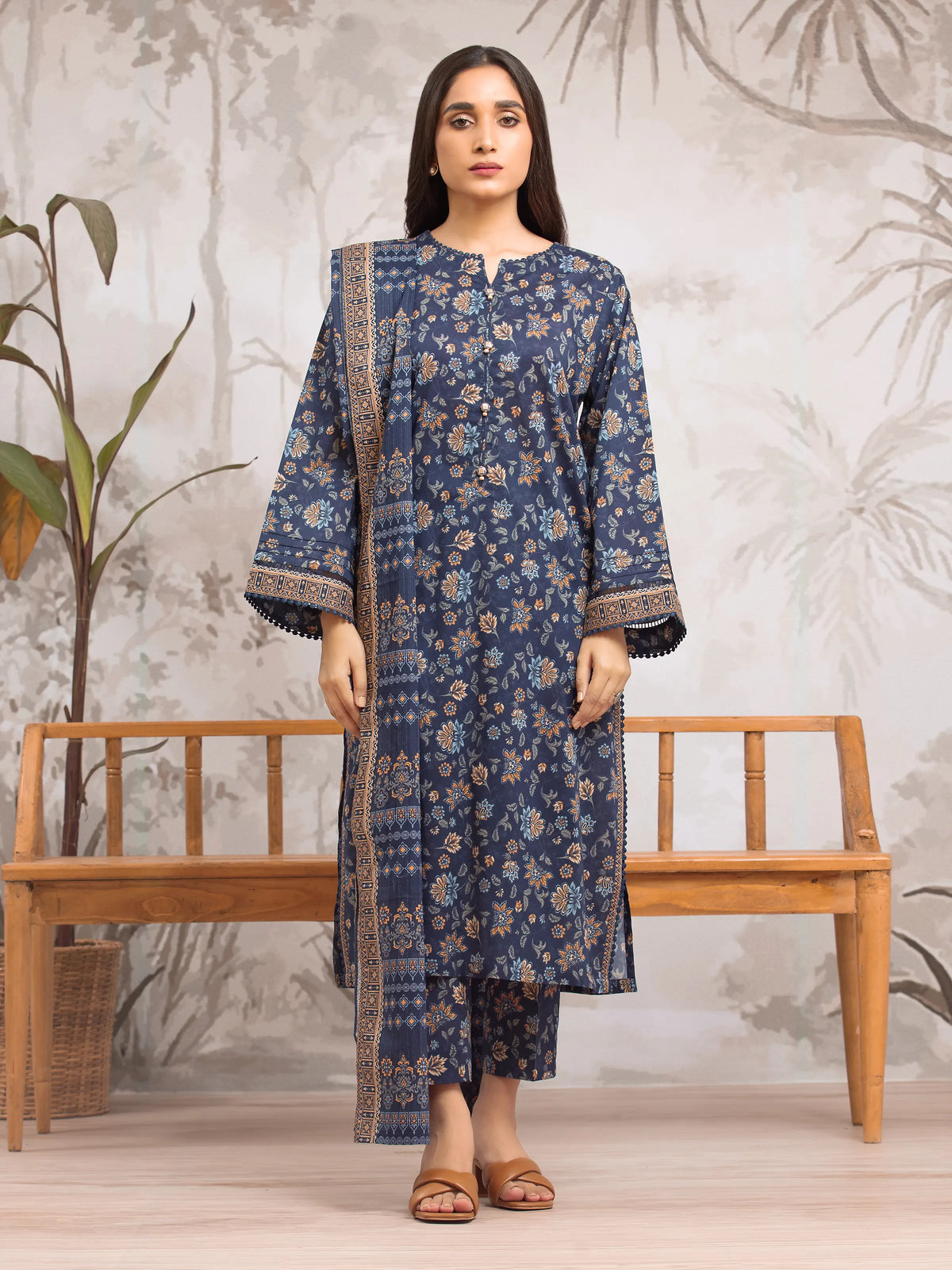EDENROBE-29596-Unstitched Navy Blue Printed Khaddar 3 Piece