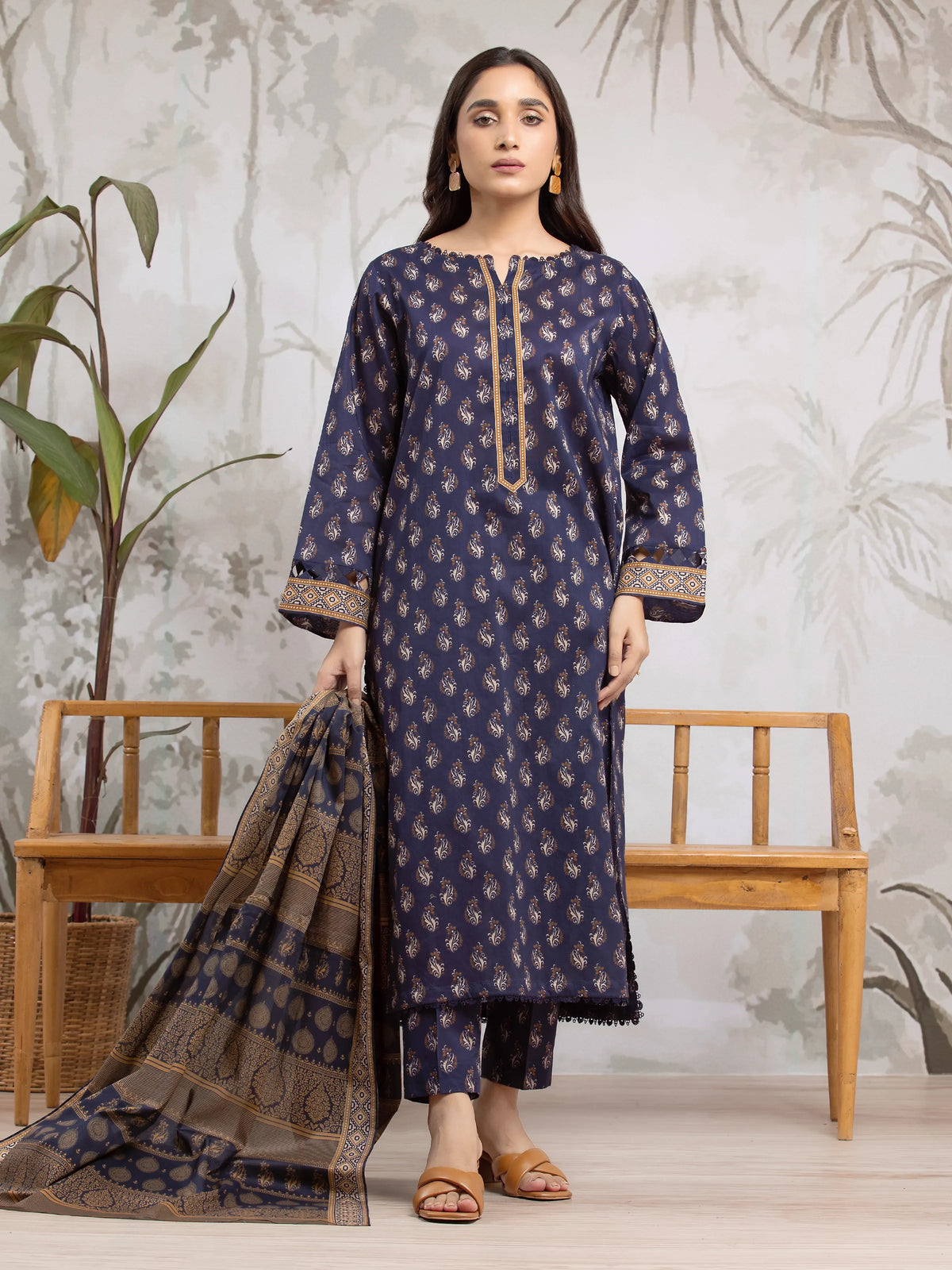 EDENROBE-29597-Unstitched Navy Blue Printed Khaddar 3 Piec
