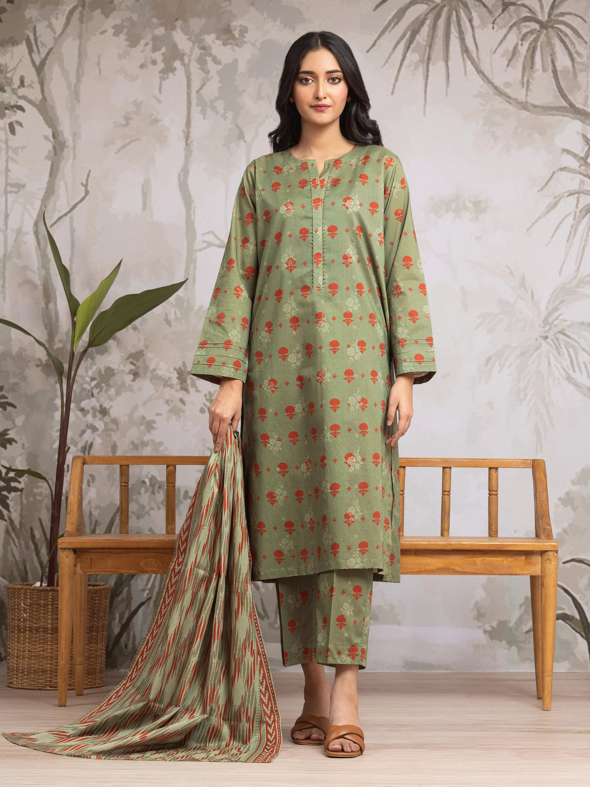 EDENROBE-29601-Unstitched Sage Green Printed Khaddar 3 Piece -