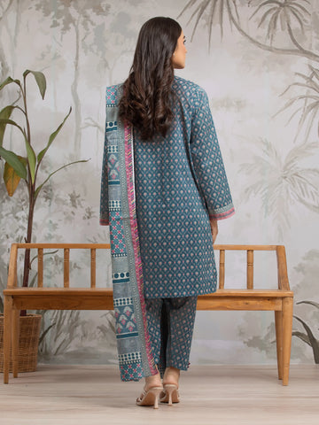 EDENROBE-29604-Unstitched Teal Blue Printed Khaddar 3 Piece -