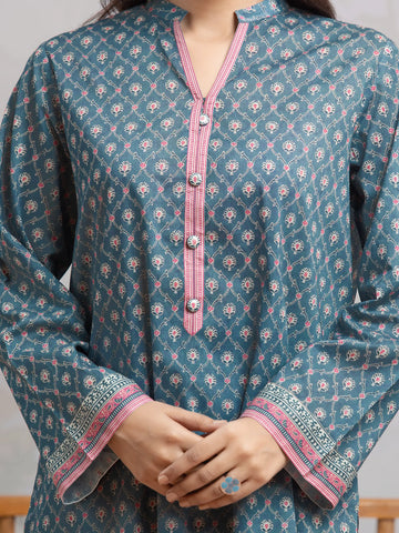 EDENROBE-29604-Unstitched Teal Blue Printed Khaddar 3 Piece -
