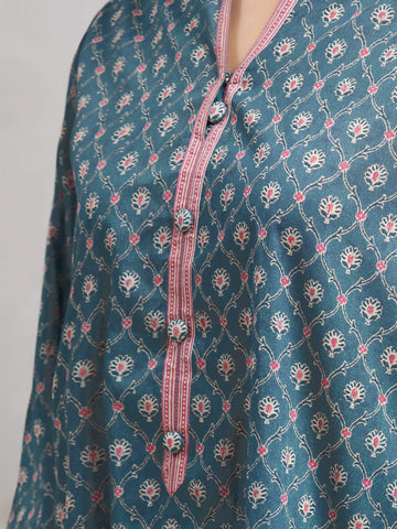 EDENROBE-29604-Unstitched Teal Blue Printed Khaddar 3 Piece -