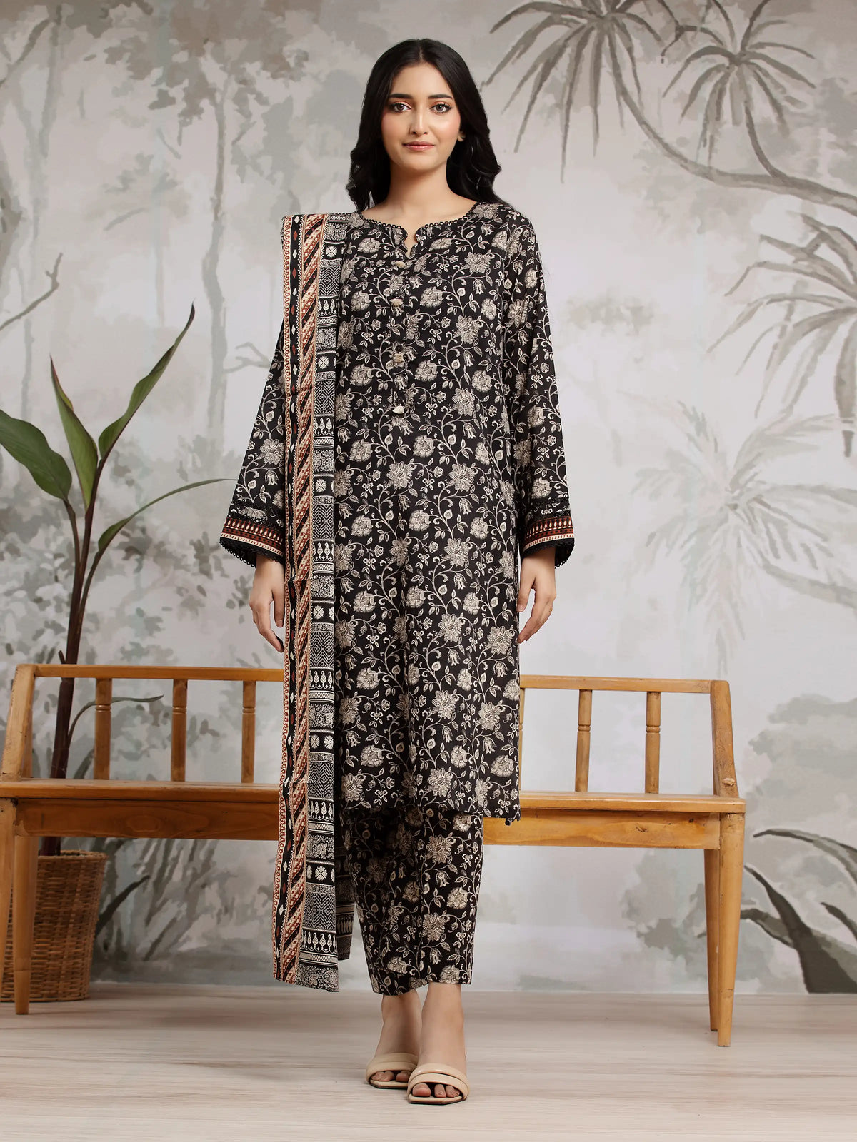 EDENROBE-29610-Unstitched Black Printed Khaddar 3 Piece