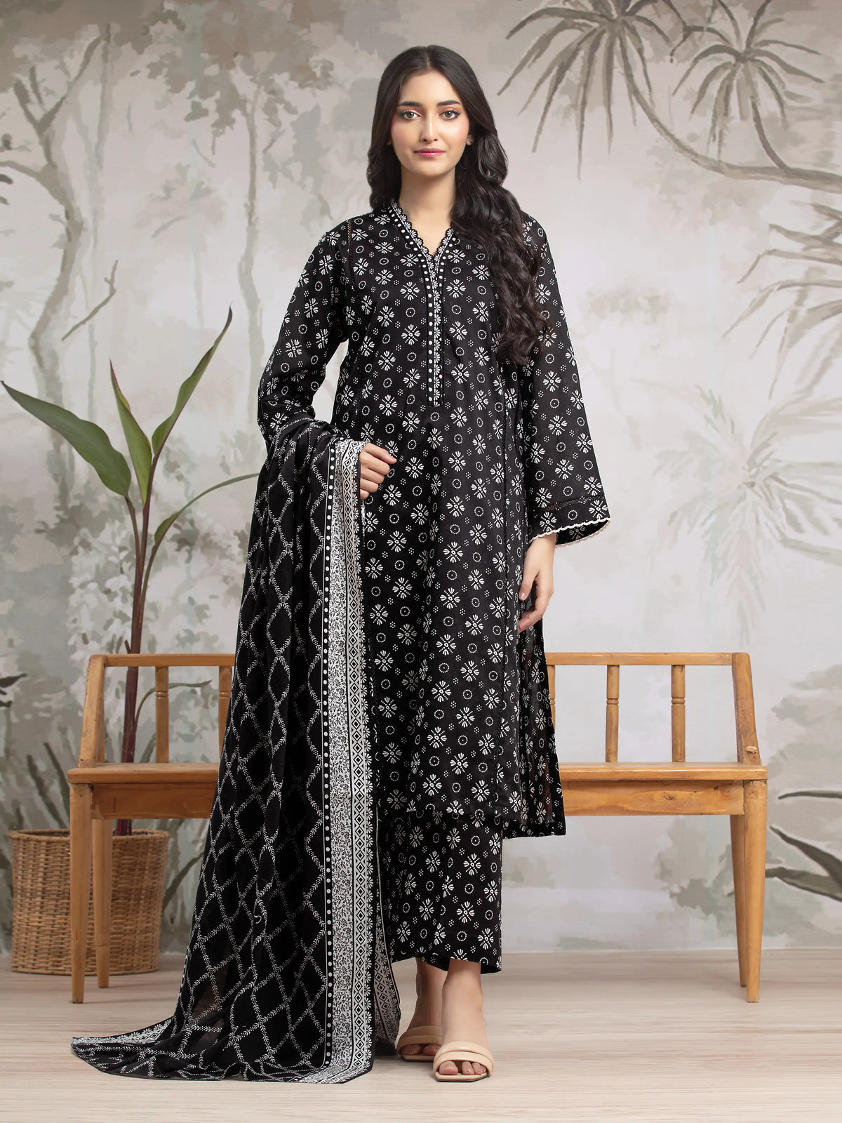 EDENROBE-29613-Unstitched Black Printed Khaddar 3 Piece