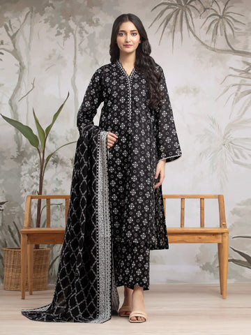 EDENROBE-29613-Unstitched Black Printed Khaddar 3 Piece