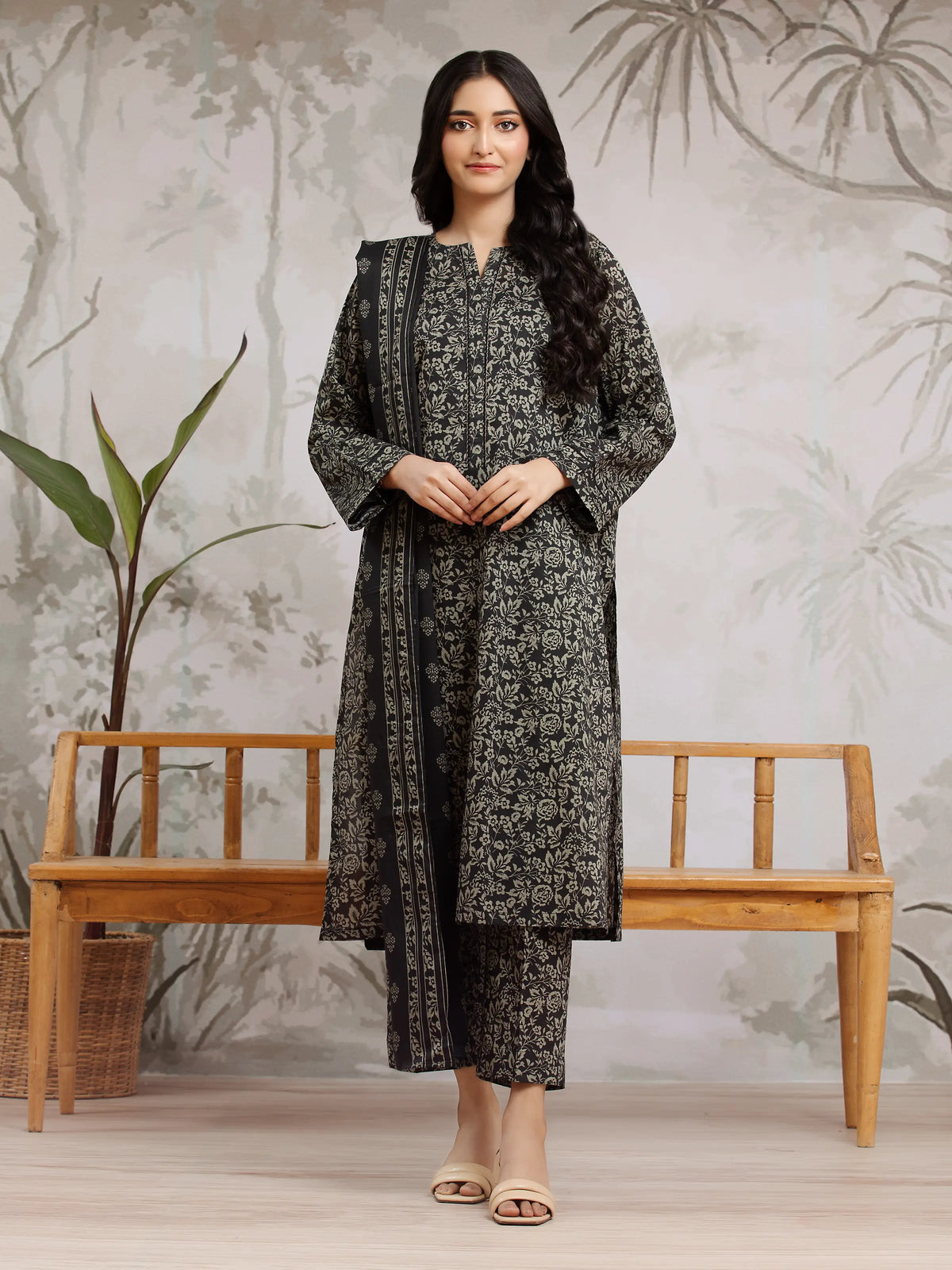 EDENROBE-29615-Unstitched Black Printed Khaddar 3 Piece -