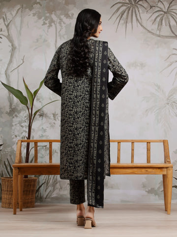 EDENROBE-29615-Unstitched Black Printed Khaddar 3 Piece -