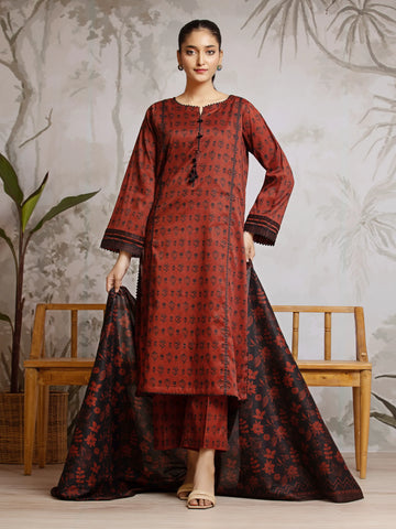 EDENROBE-29623-Unstitched Dark Maroon Printed Khaddar 3 Piece