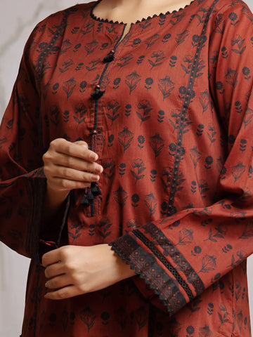 EDENROBE-29623-Unstitched Dark Maroon Printed Khaddar 3 Piece