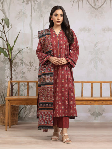 EDENROBE-29645-Unstitched Maroon Printed Khaddar 3 Piece