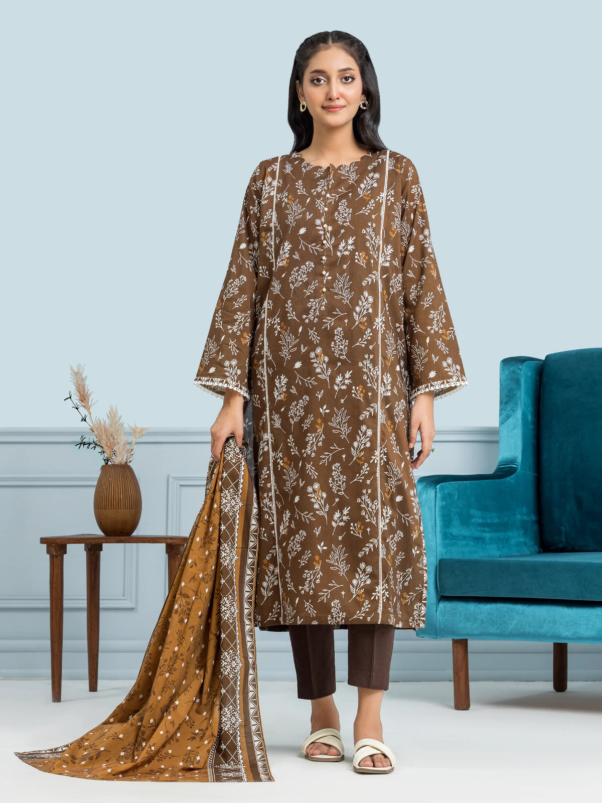 EDENROBE-29651-Unstitched Brown Printed Khaddar 3 Piece