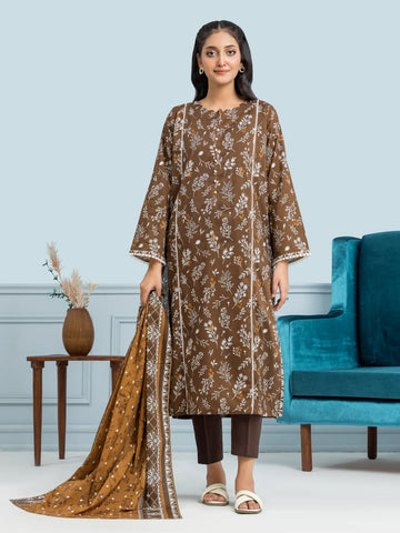 EDENROBE-29651-Unstitched Brown Printed Khaddar 3 Piece