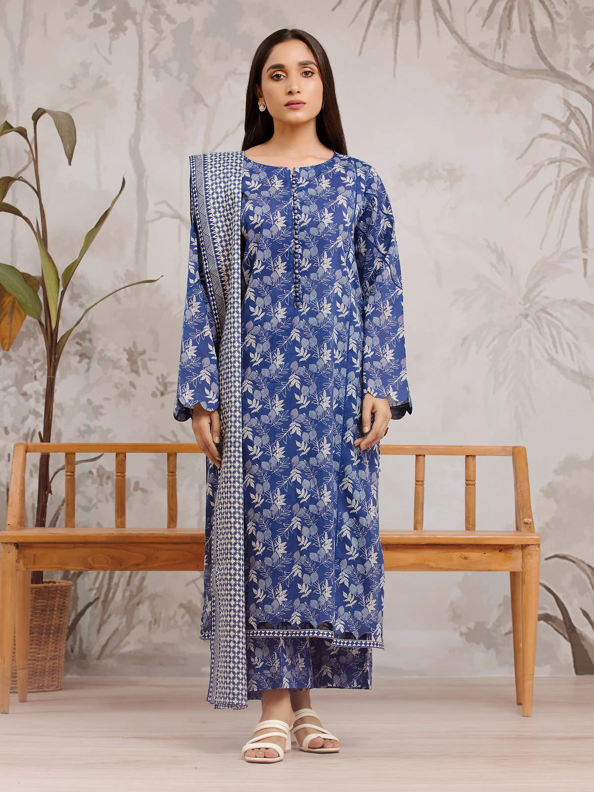 EDENROBE-29800-Unstitched Blue Printed Khaddar 3 Piece