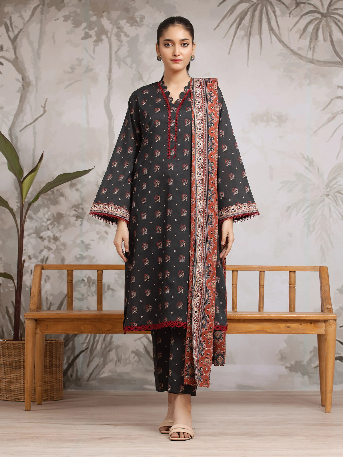 EDENROBE-29802-Unstitched Charcoal Printed Khaddar 3 Piece