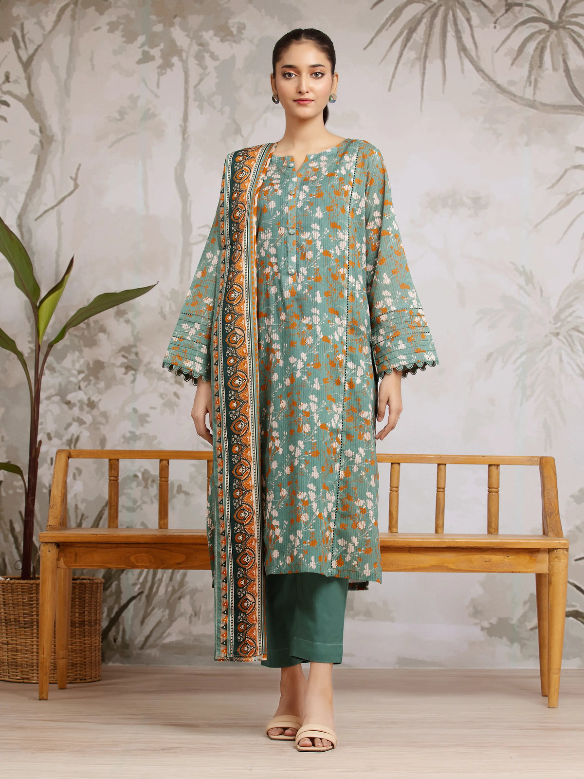 EDENROBE-29805-Unstitched Sea Green Printed Khaddar 3 Piece -