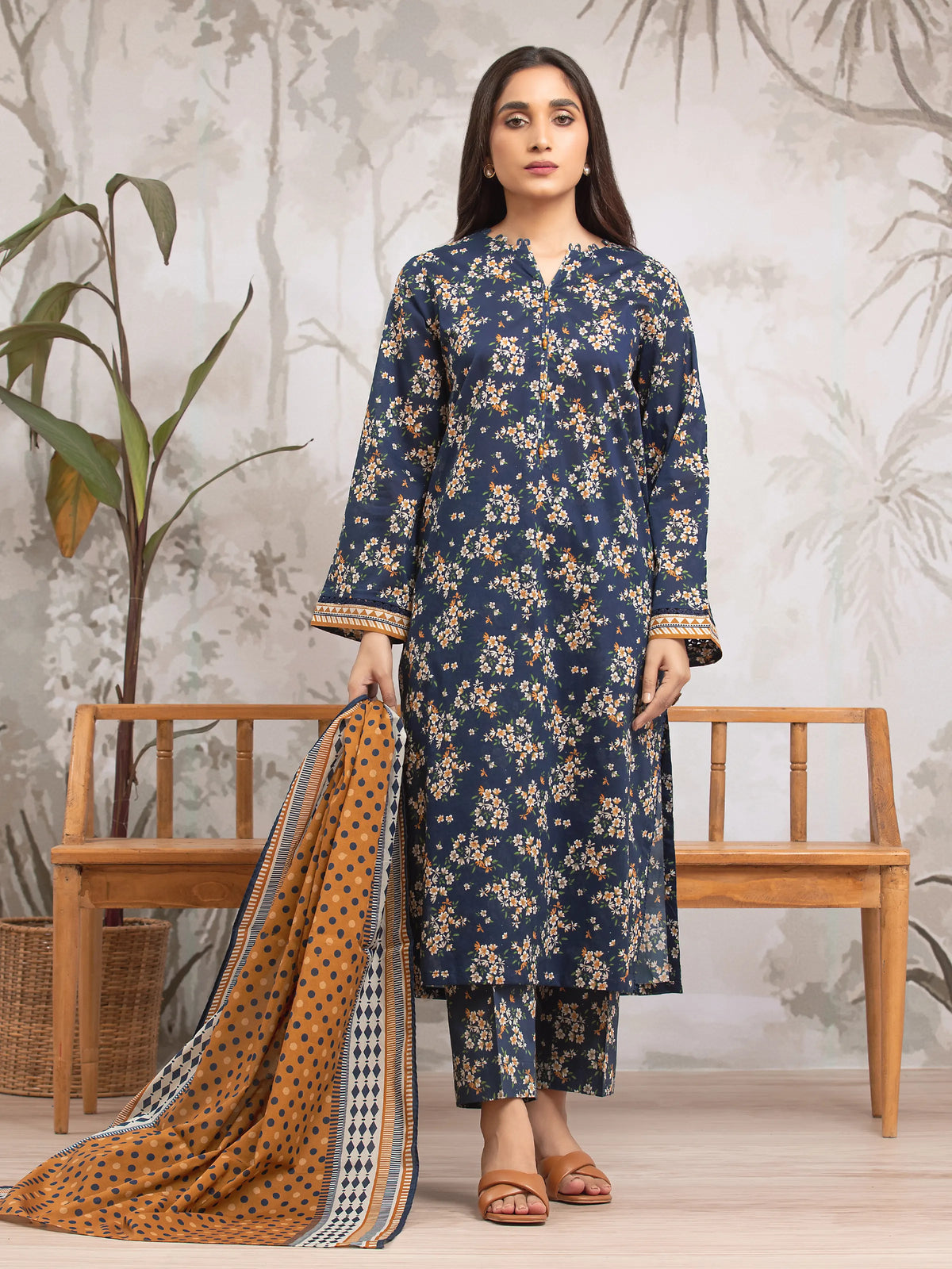 EDENROBE-29806-Unstitched Blue Printed Khaddar 3 Piece