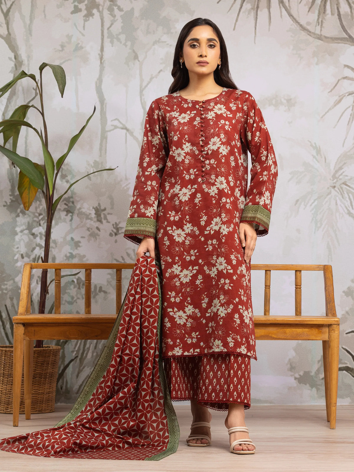 EDENROBE-29815-Unstitched Maroon Printed Khaddar 3 Piece