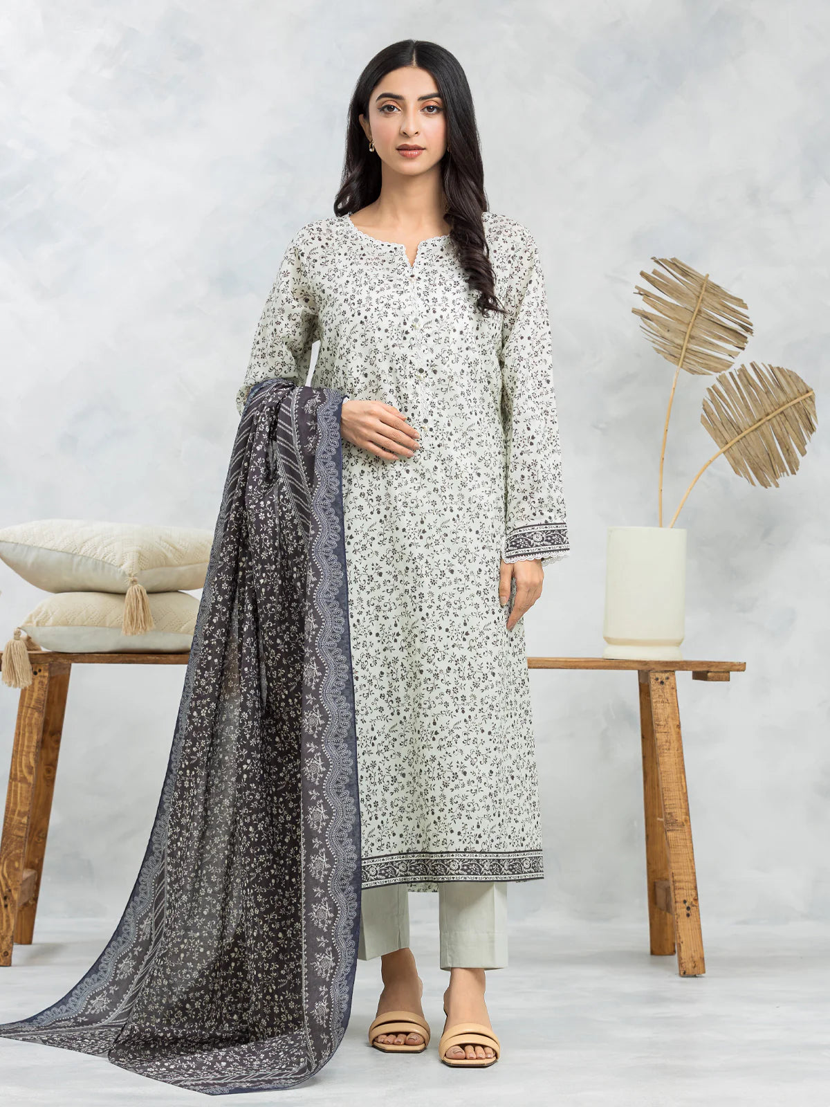 EDENROBE-29192-Unstitched Cream Printed Viscose 3 Piece