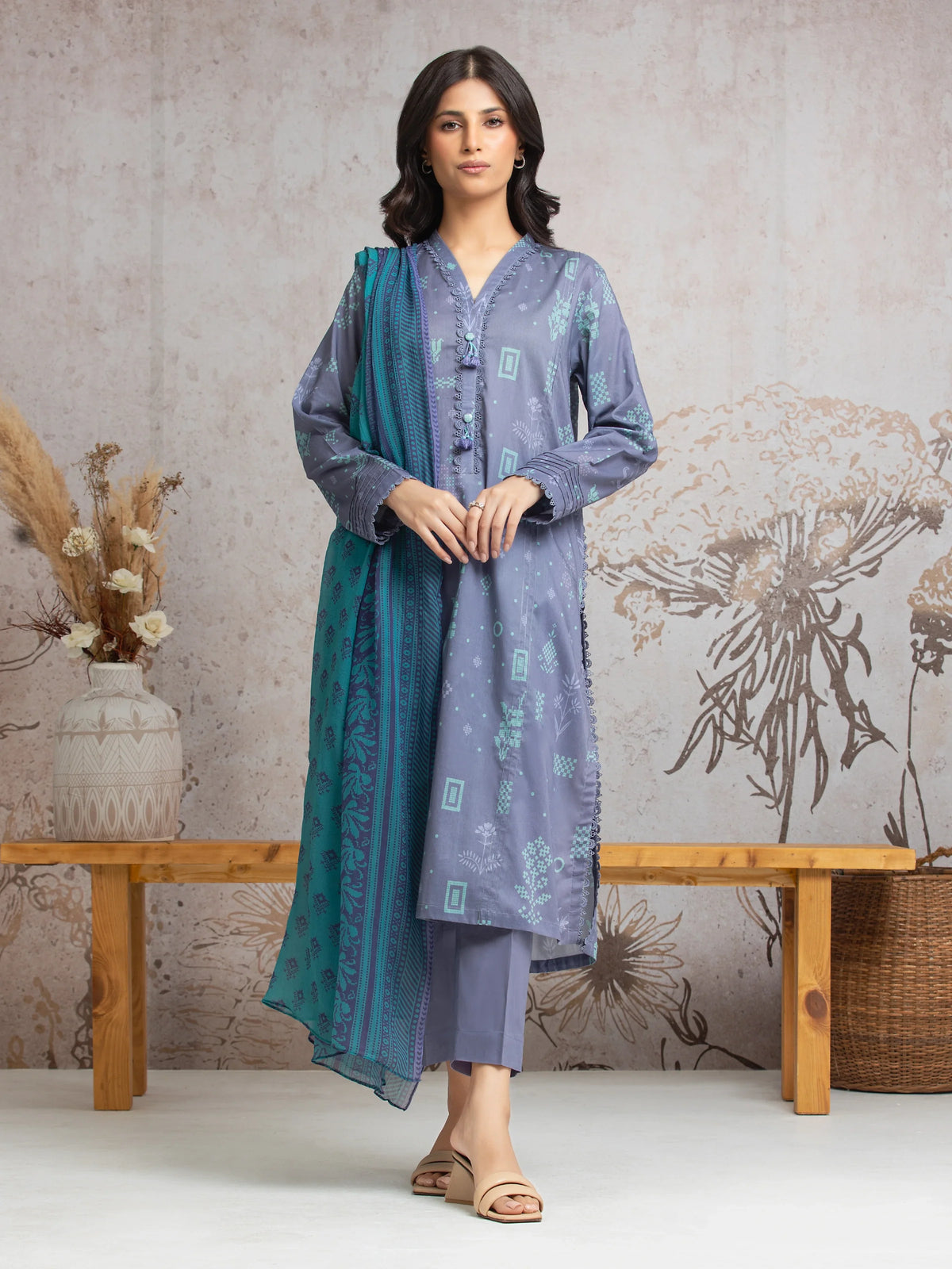 EDENROBE-M2-021-Unstitched Light Purple Printed Cambric 3 Piece