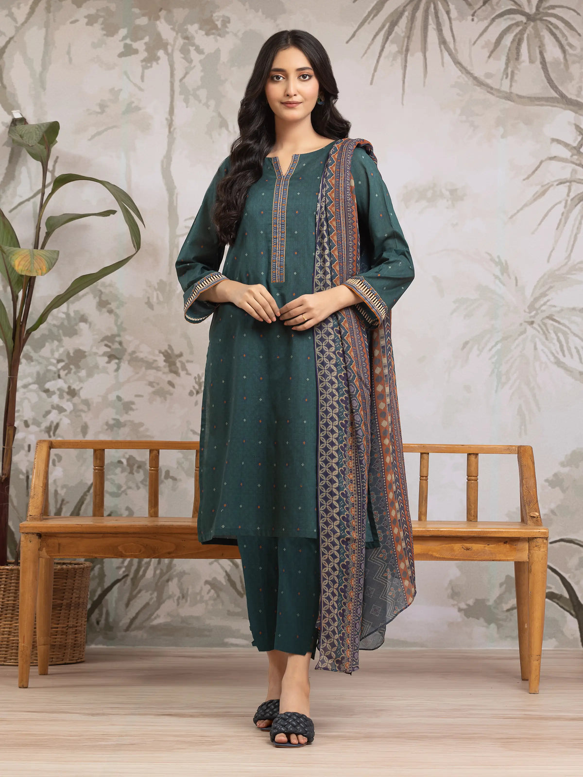 EDENROBE-M2-176-Unstitched Dark Teal Printed Khaddar 3 Piece