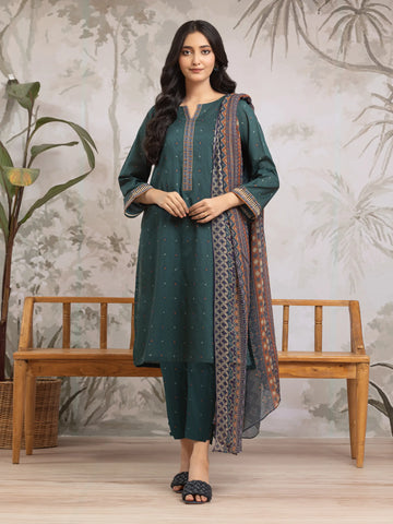 EDENROBE-M2-176-Unstitched Dark Teal Printed Khaddar 3 Piece