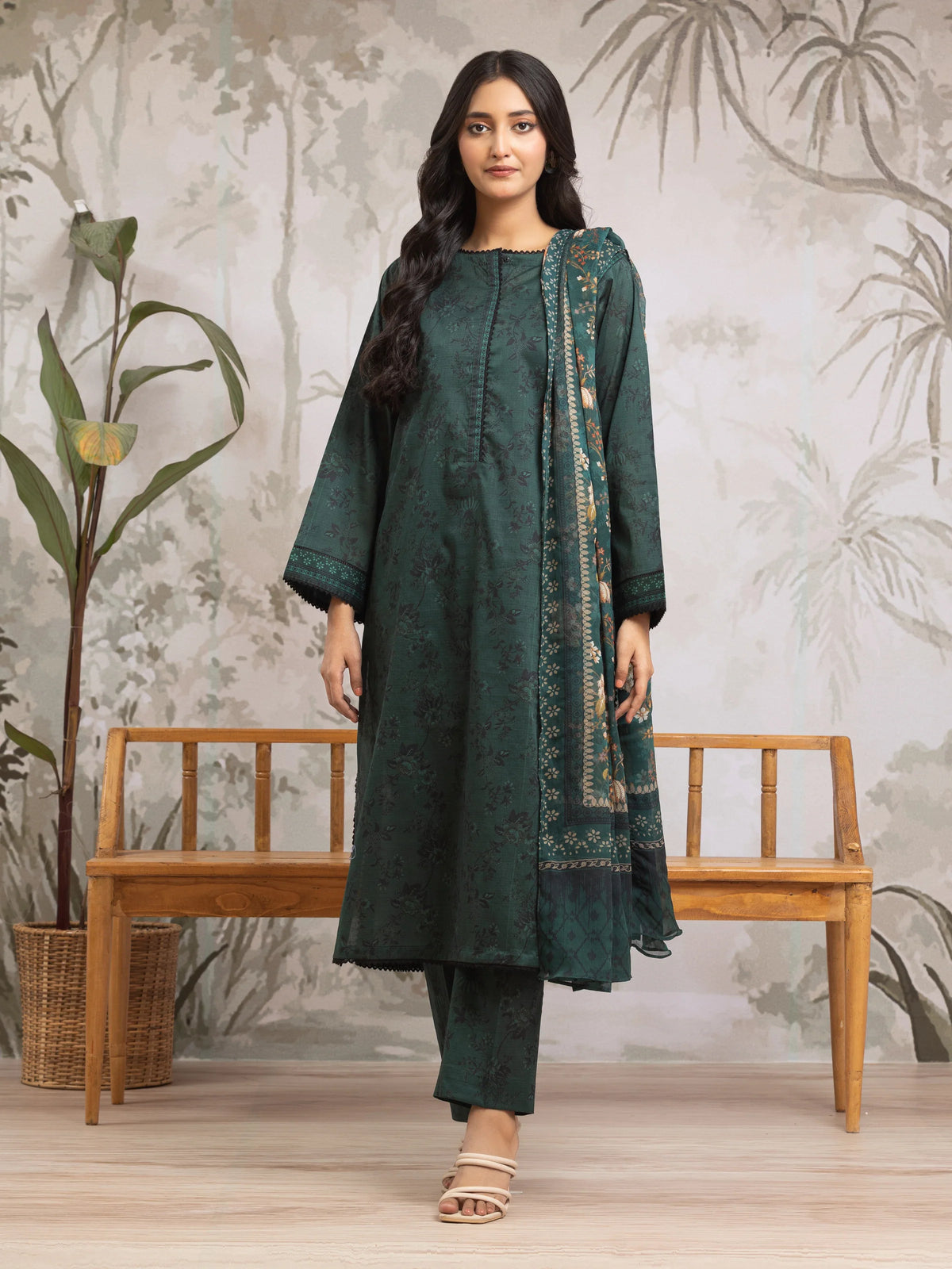 EDENROBE-M2-180-Unstitched Dark Green Printed Khaddar 3 Piece