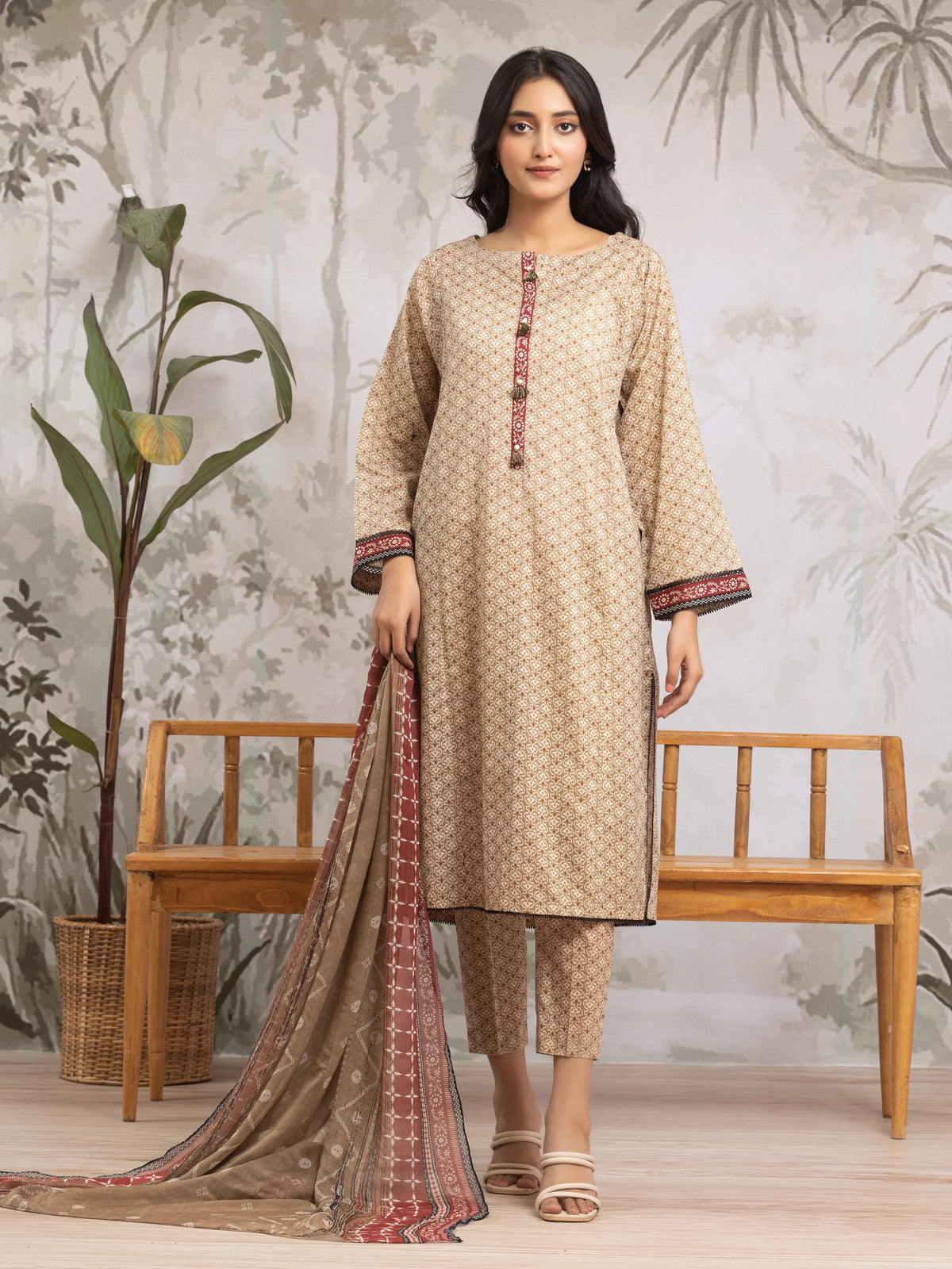 EDENROBE-Unstitched Beige Printed Khaddar 3 Piece - EWU24M2-187