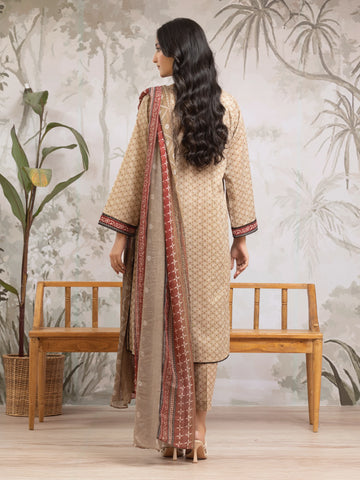 EDENROBE-Unstitched Beige Printed Khaddar 3 Piece - EWU24M2-187
